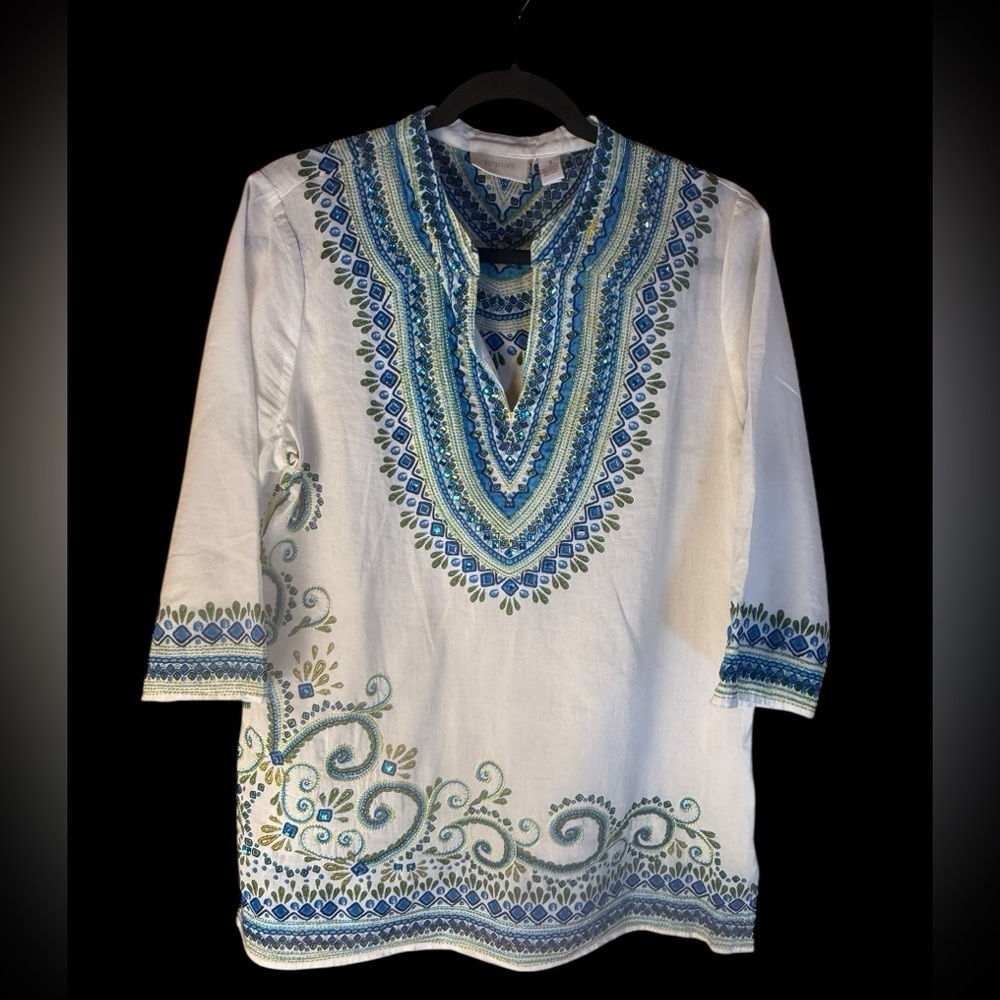Chico's White Embroidered Cotton Boho Tunic Top Blue Embellished Beaded Size M - Picture 4 of 14